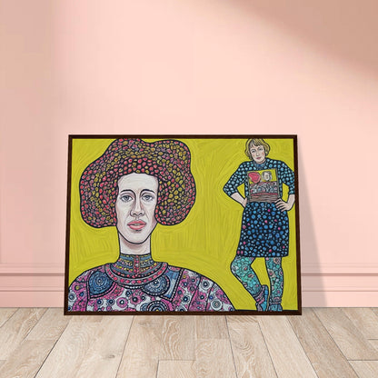 A colorful dual portrait painting featuring two women in patterned clothing against a bright yellow background.