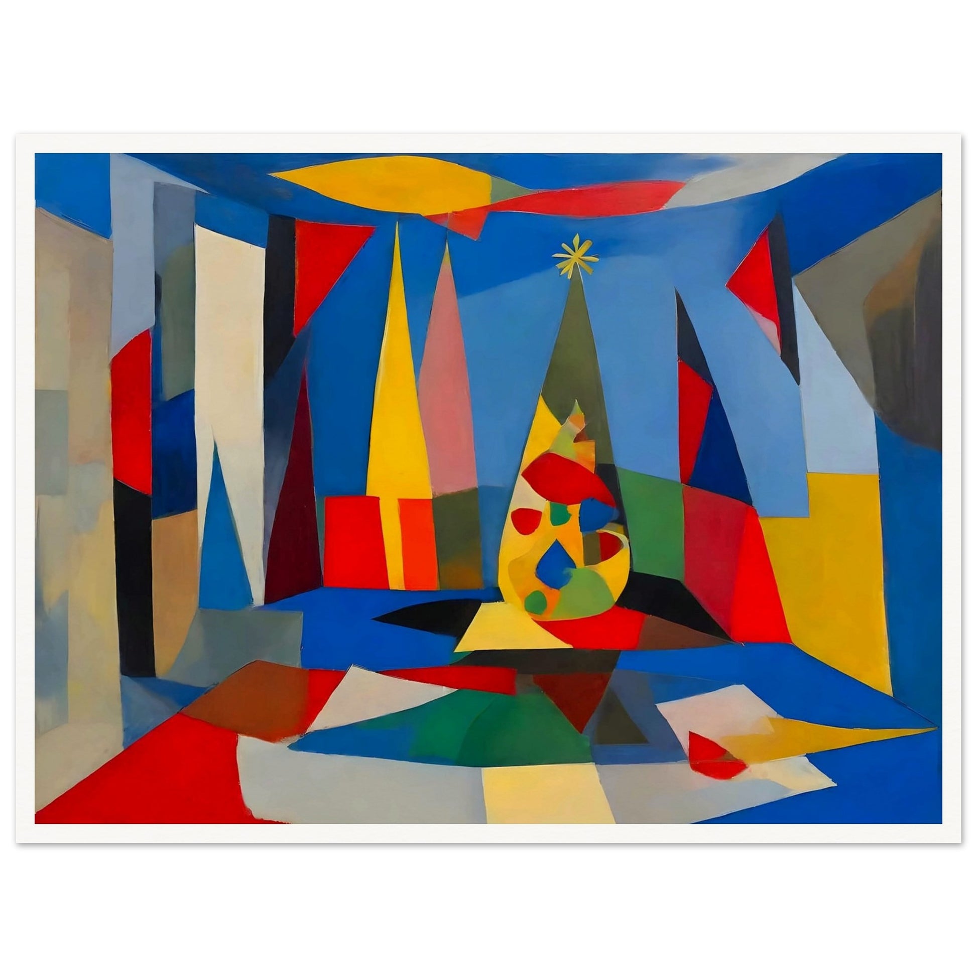 An abstract composition featuring geometric shapes and vibrant colors framing a stylized Christmas tree, creating a modern holiday scene.

