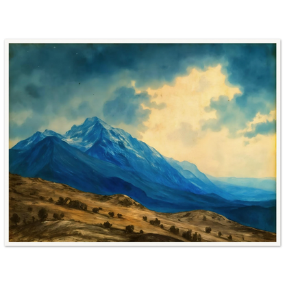 Majestic blue mountain peaks rise above golden rolling plains beneath luminous clouds, blending grandeur, distance, and tranquil wilderness.