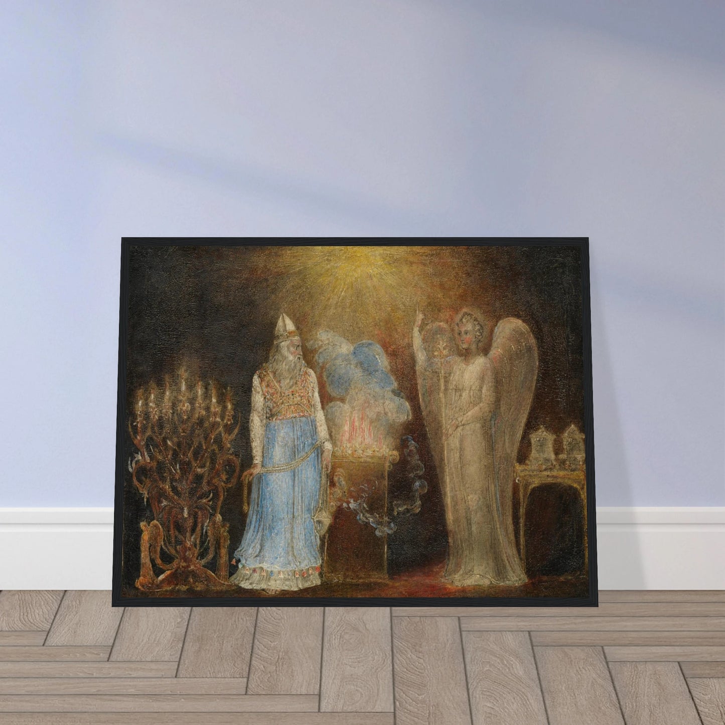 Angel appears before Zacharias in a glowing biblical temple scene by William Blake