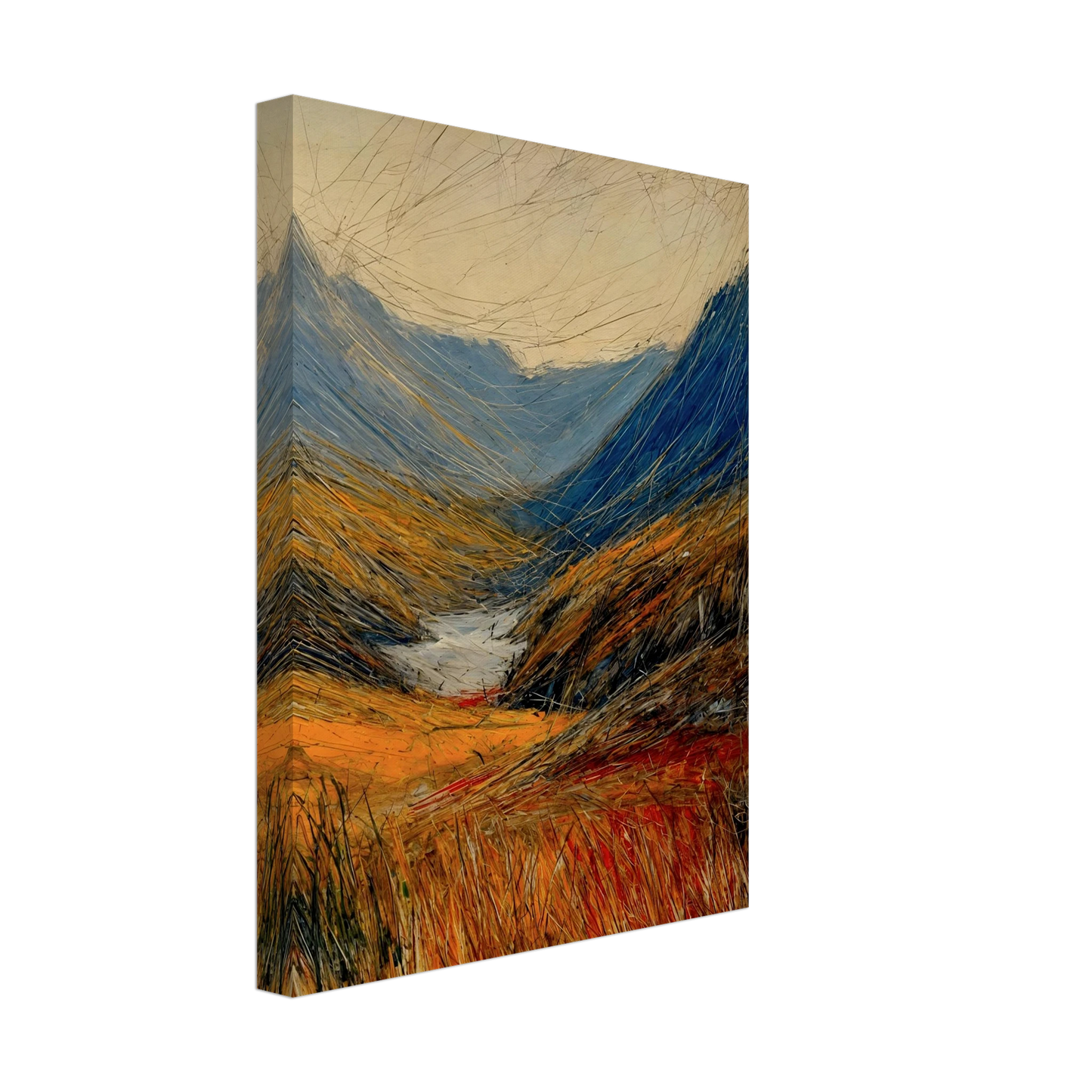 Windswept valley of golden grasses and deep blue mountains painted with vivid, dynamic strokes under a pale sky.