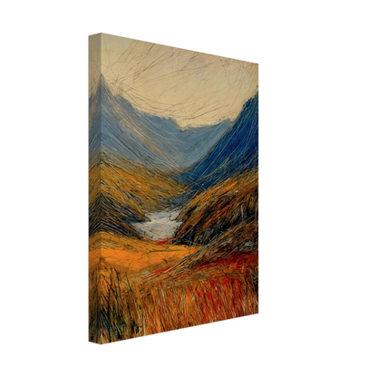 Windswept valley of golden grasses and deep blue mountains painted with vivid, dynamic strokes under a pale sky.
