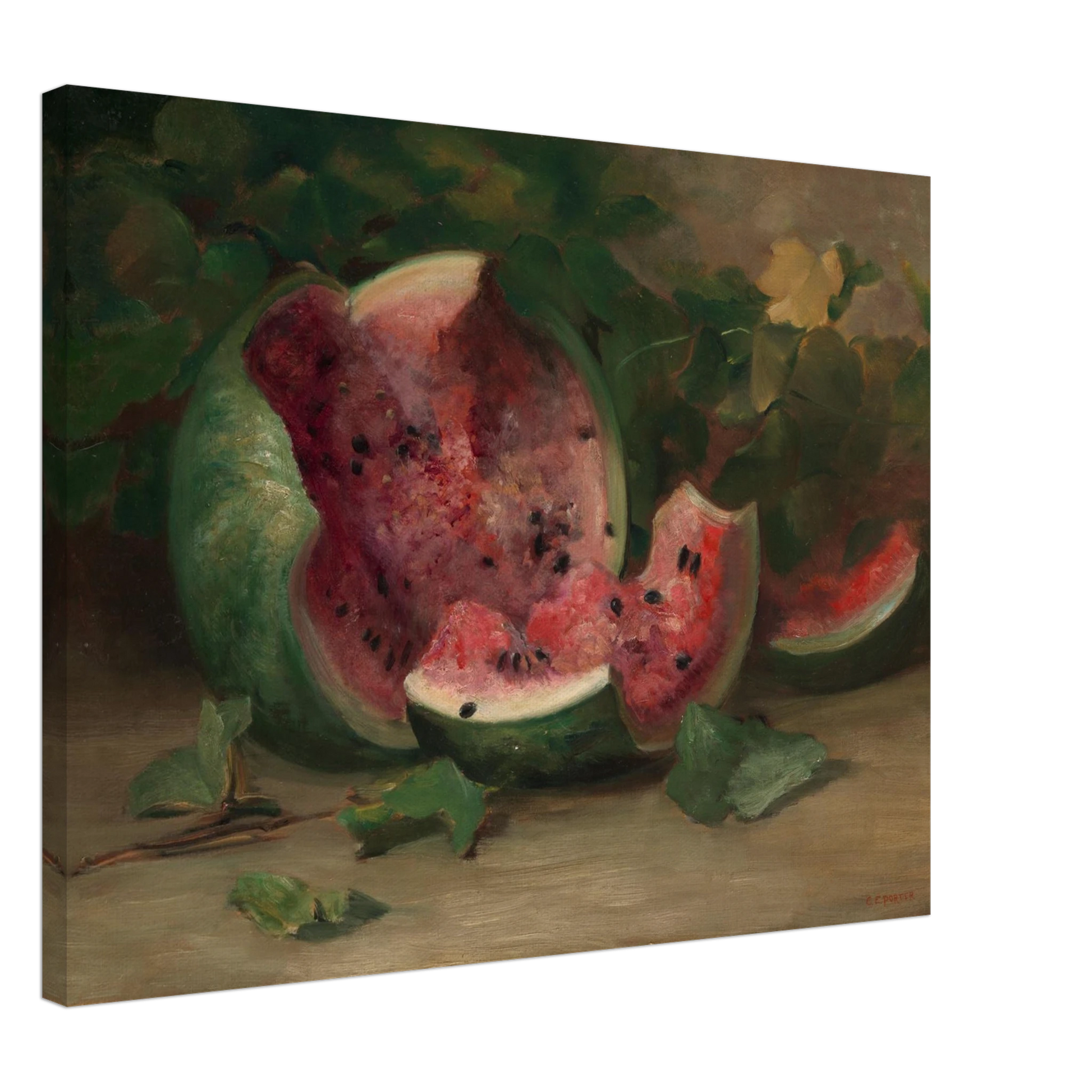 A cracked watermelon and red slices rest among green vines and leaves in a richly painted still life.