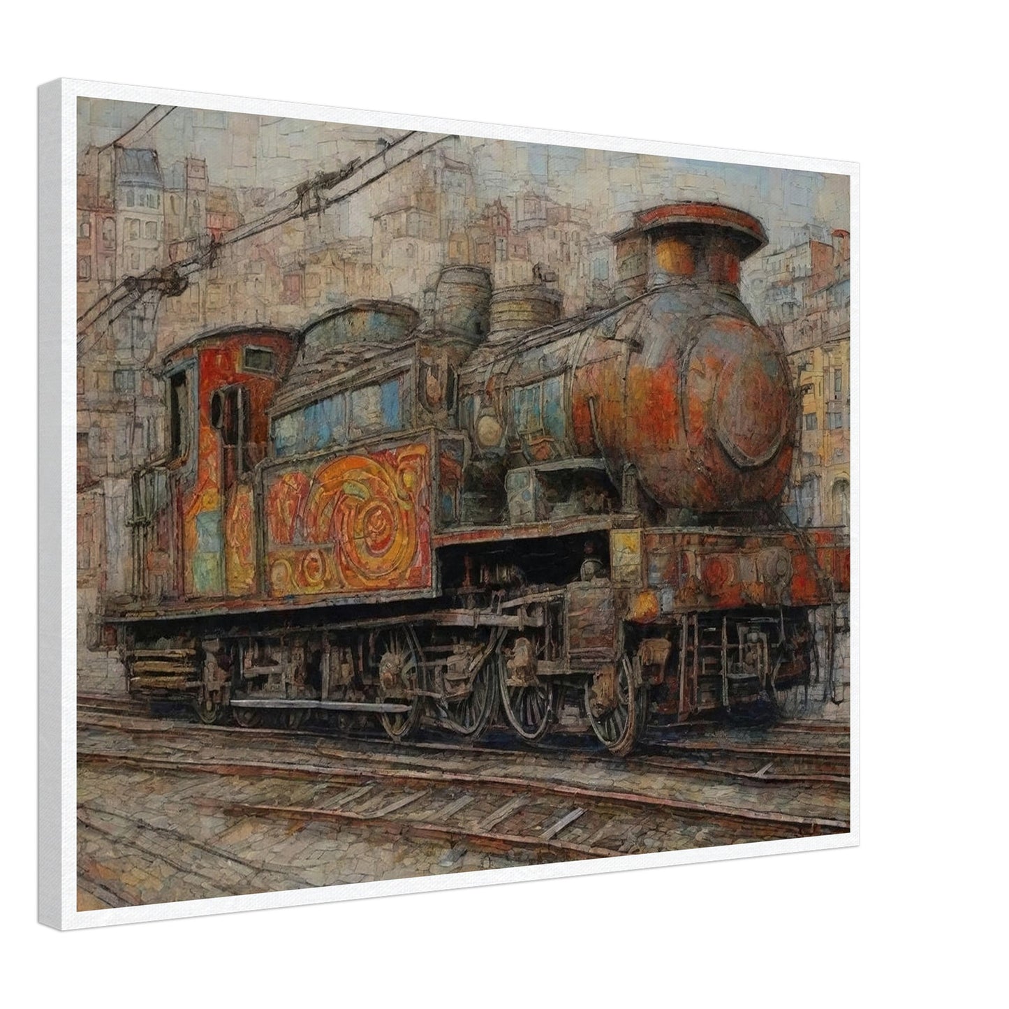 "A detailed painting of a colorful, weathered steam locomotive in an urban setting, showcasing intricate patterns and a sense of nostalgia for vintage travel."