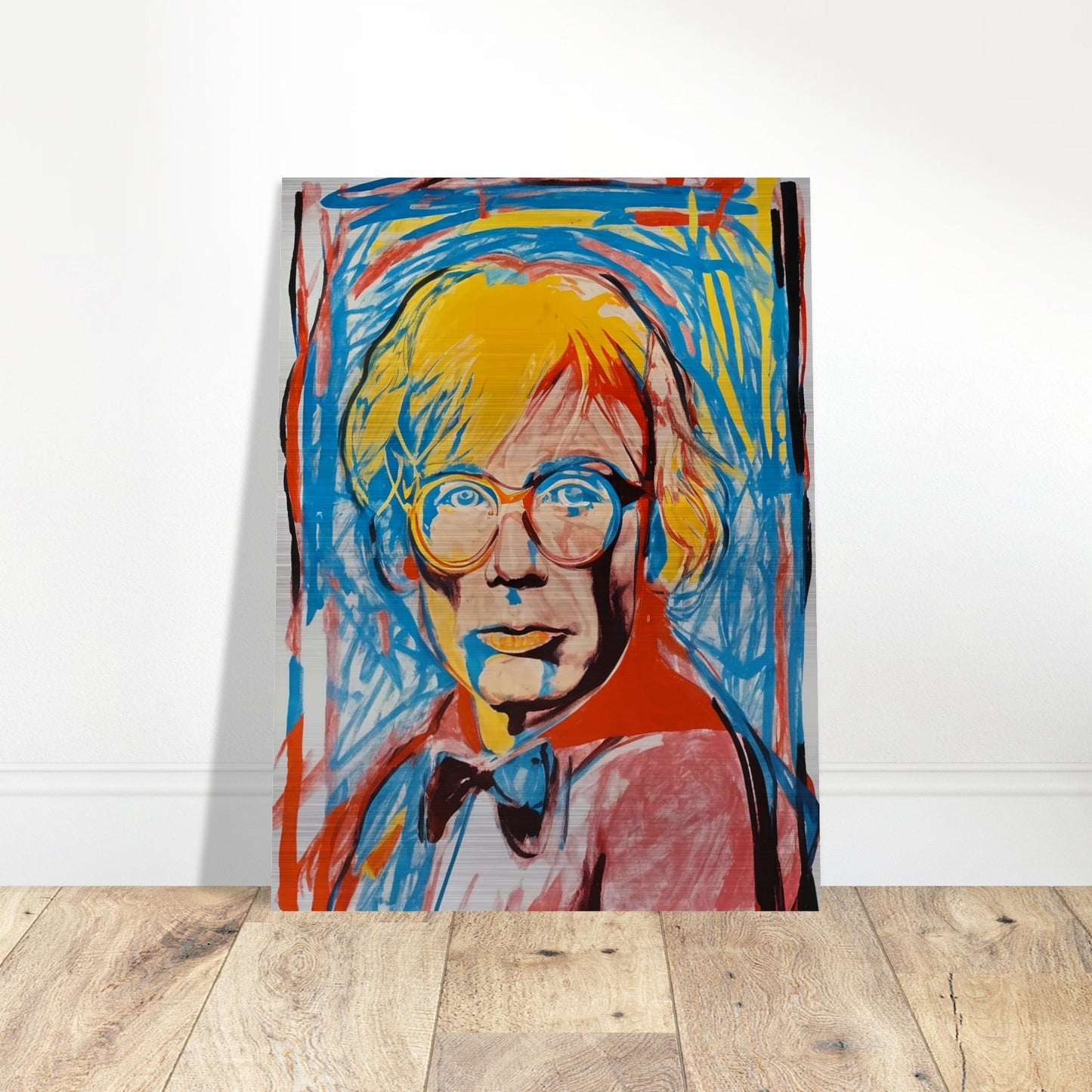 A vivid and energetic pop art portrait featuring a person with bright yellow hair and glasses. The background is filled with dynamic blue and red brushstrokes, adding to the lively and modern feel of the artwork.