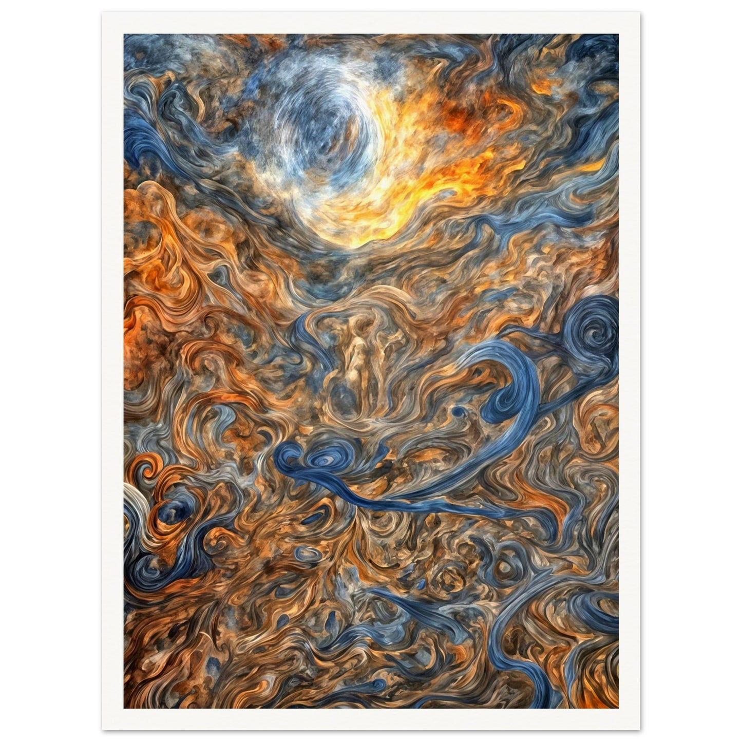 A mesmerizing depiction of swirling cosmic patterns with fiery orange, cool blue, and earthy brown tones, evoking celestial energy.