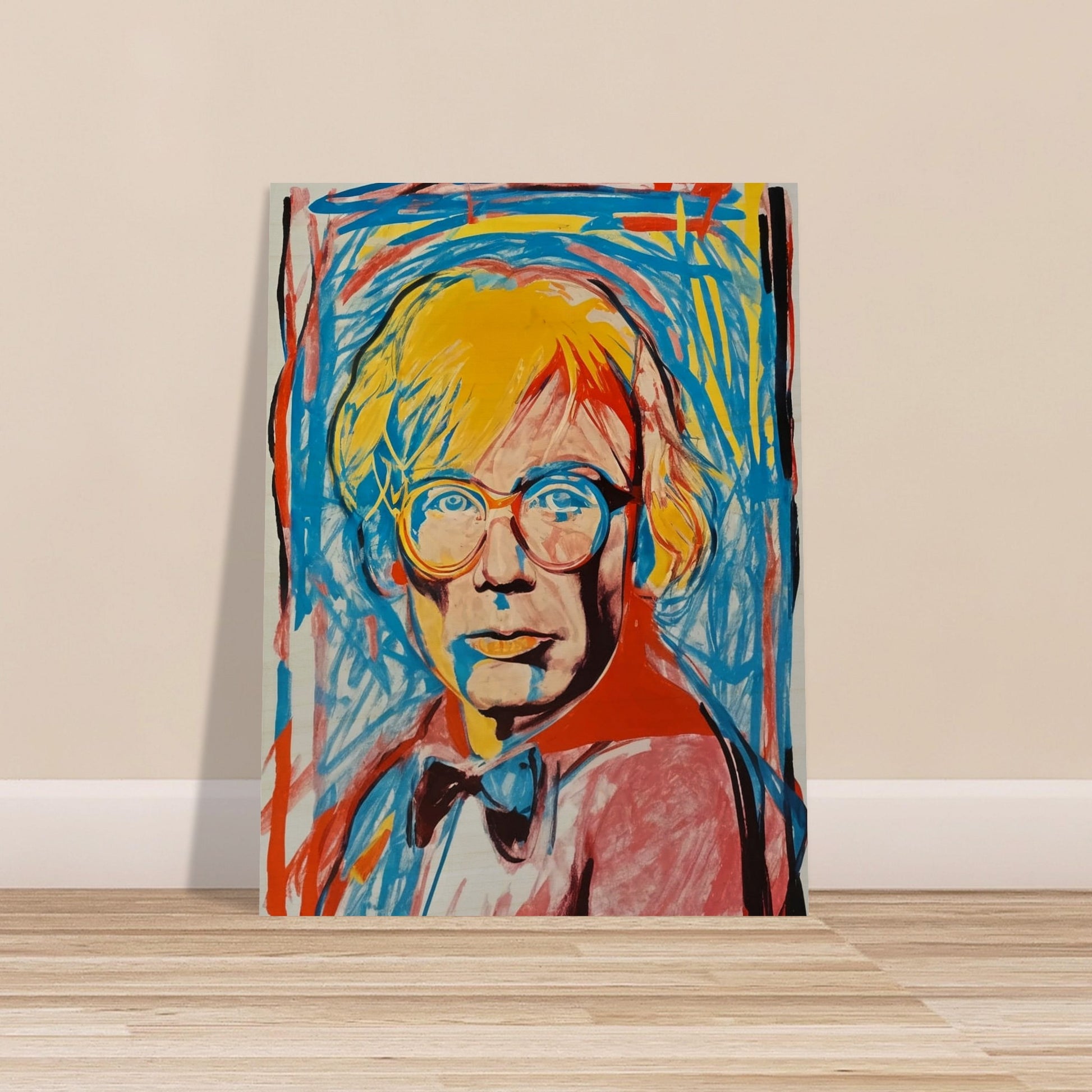 A vivid and energetic pop art portrait featuring a person with bright yellow hair and glasses. The background is filled with dynamic blue and red brushstrokes, adding to the lively and modern feel of the artwork.