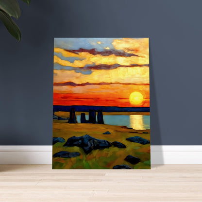 Captivating artwork of a vibrant sunset over a mysterious stone circle, with vivid orange skies and serene reflections on water.