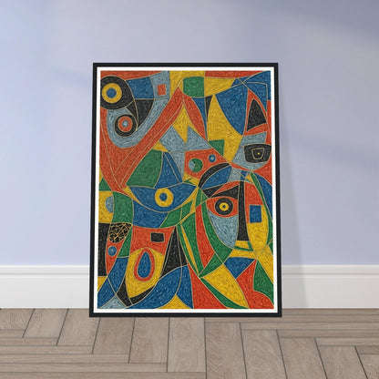 An abstract painting featuring a vibrant array of geometric shapes and colors, resembling a kaleidoscope.