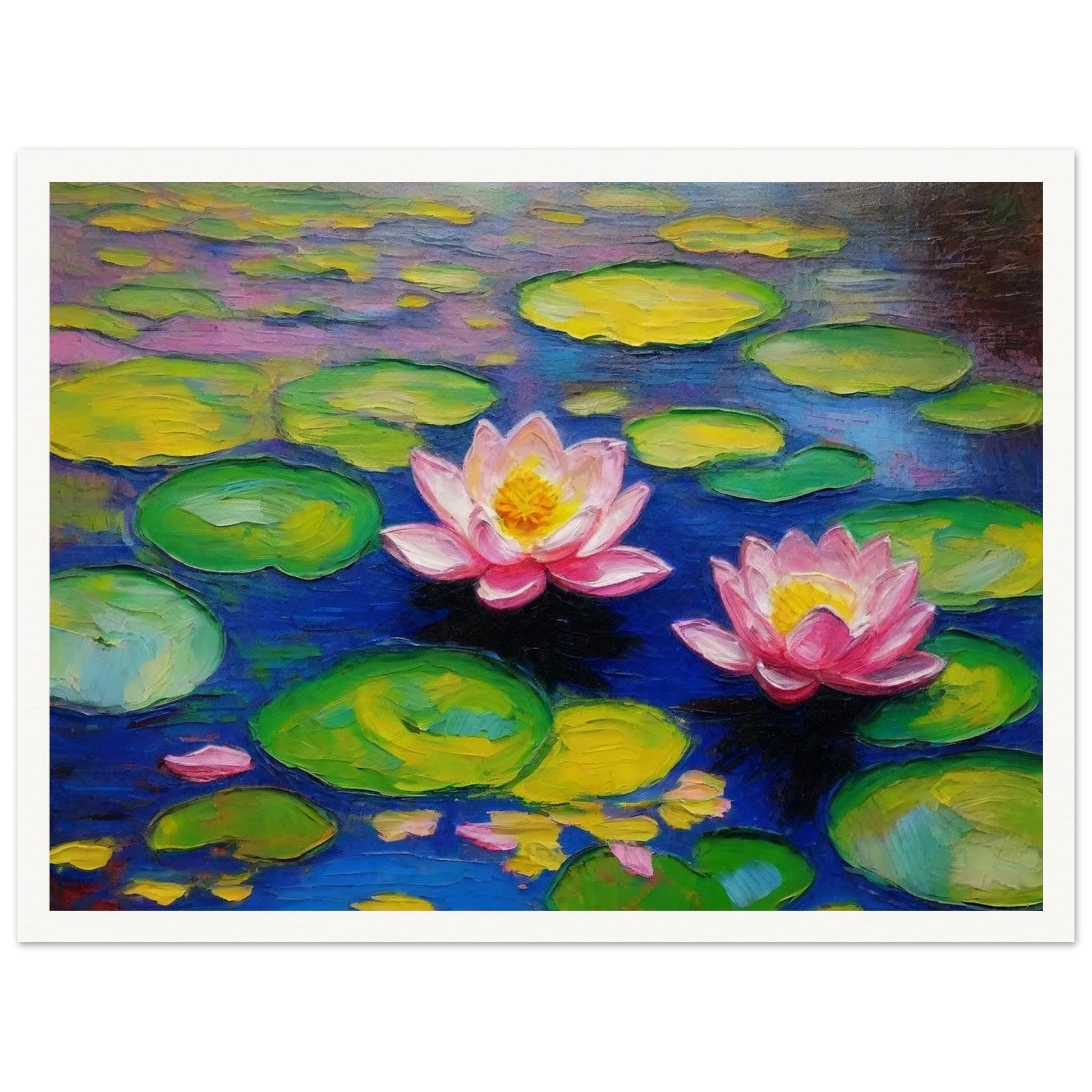 A vibrant painting of two pink water lilies floating among green lily pads on a serene blue pond.