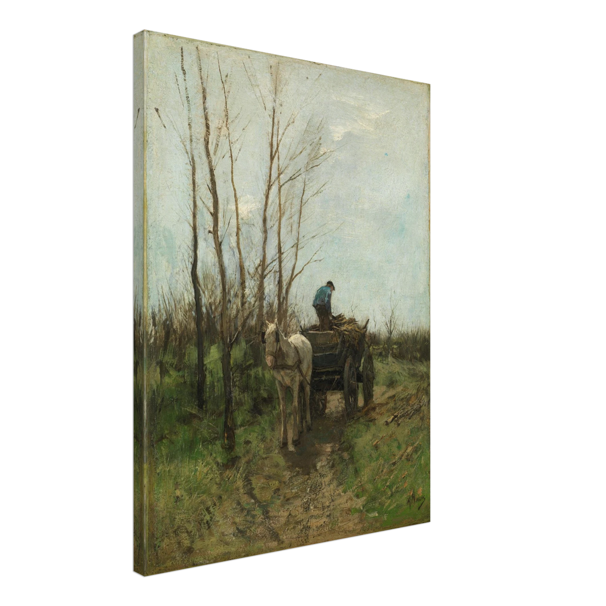 A man loads branches onto a horse cart along a muddy lane beneath bare trees.