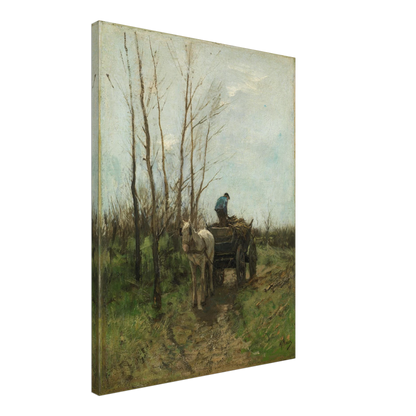 A man loads branches onto a horse cart along a muddy lane beneath bare trees.