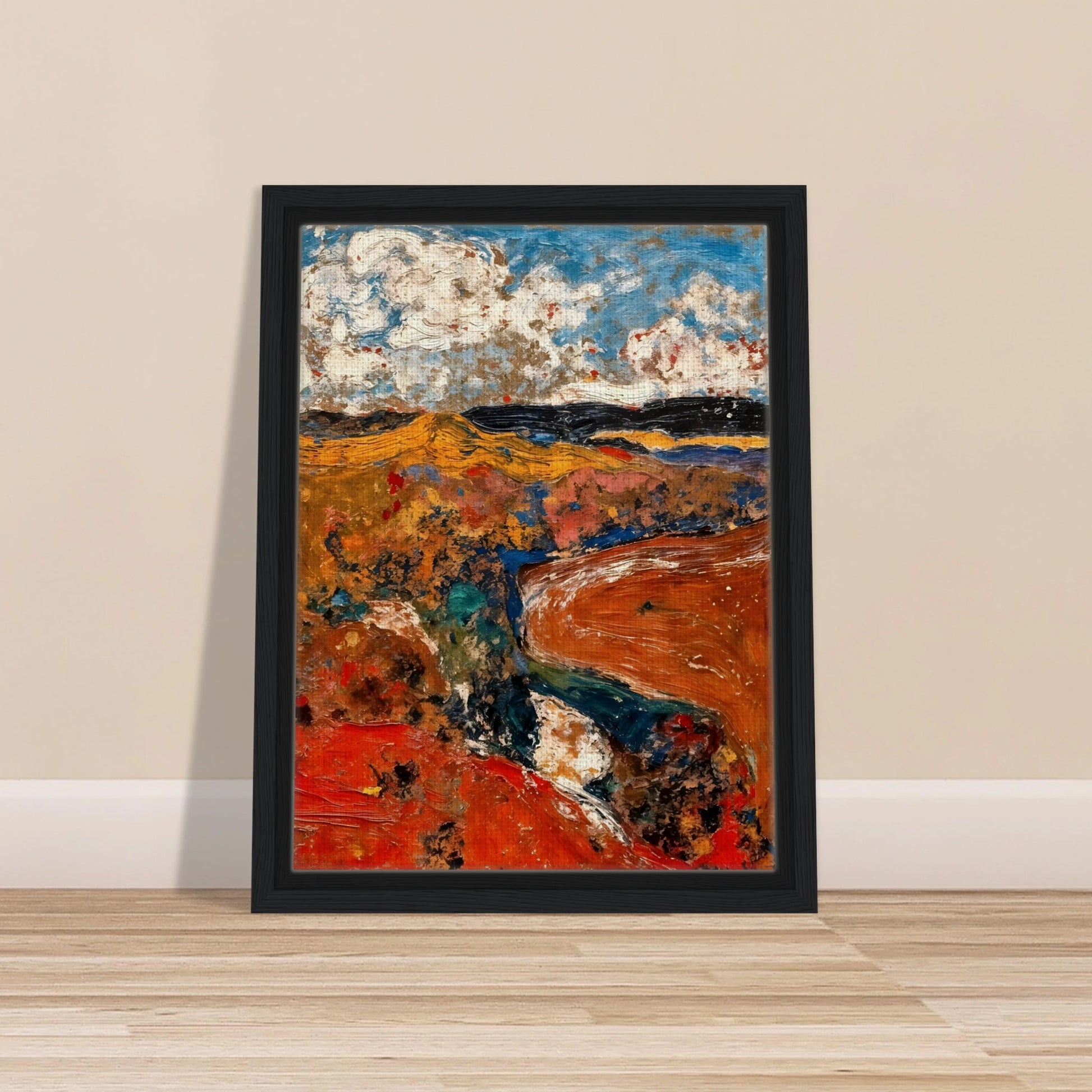 A richly textured abstract landscape featuring vivid red and orange earth tones, deep blue waterways, rolling golden fields, and dramatic cloud-filled skies rendered with expressive brushwork.