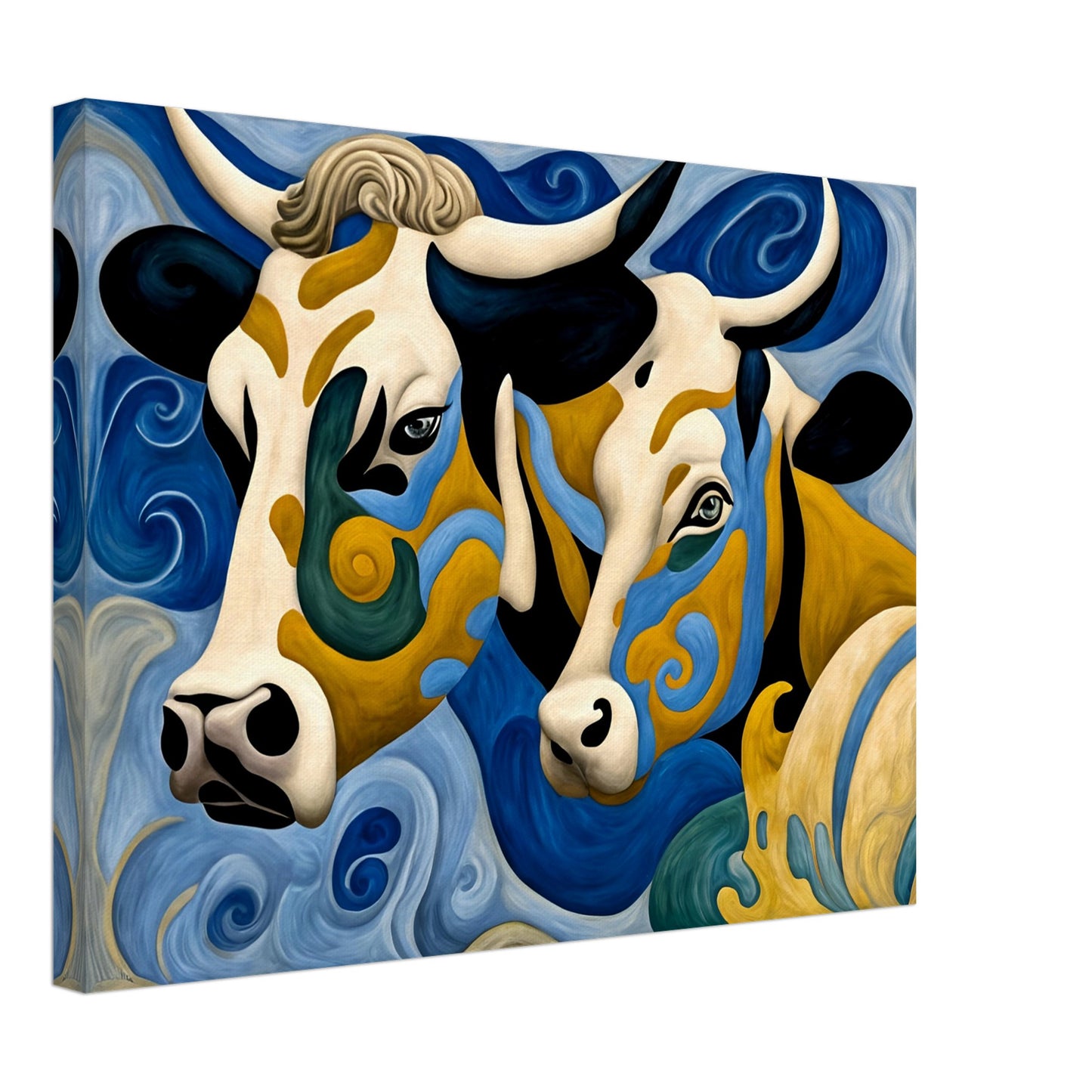 A surreal painting of two cows with intricate swirling patterns of blue, gold, and black, blending into a flowing, dreamlike background.