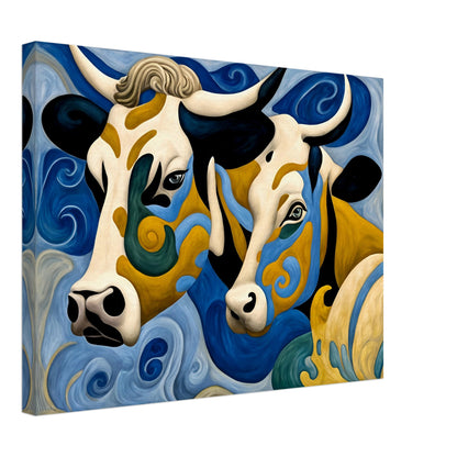 A surreal painting of two cows with intricate swirling patterns of blue, gold, and black, blending into a flowing, dreamlike background.