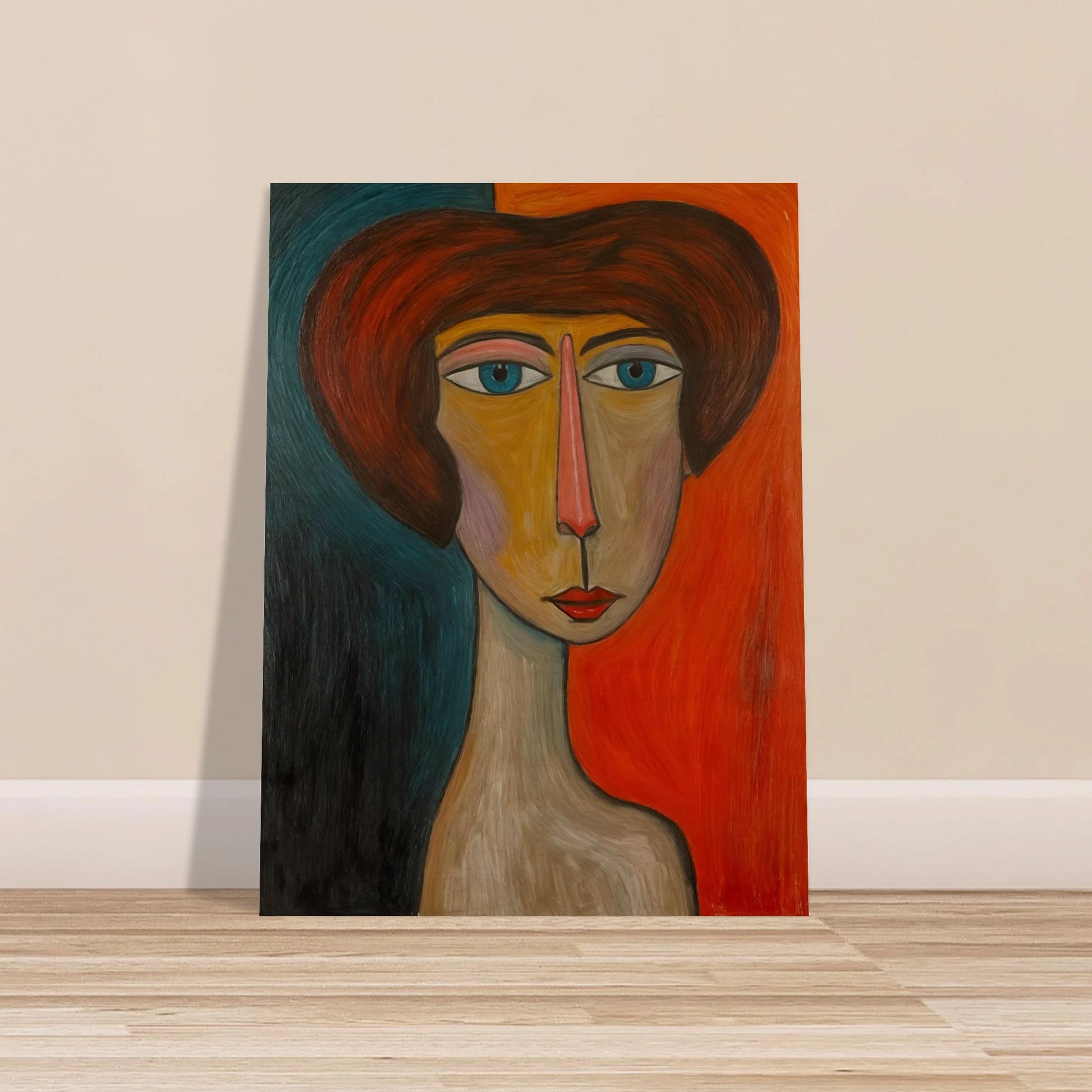 Bold-faced portrait with exaggerated features, split by warm and cool tones, exuding quiet strength and duality.