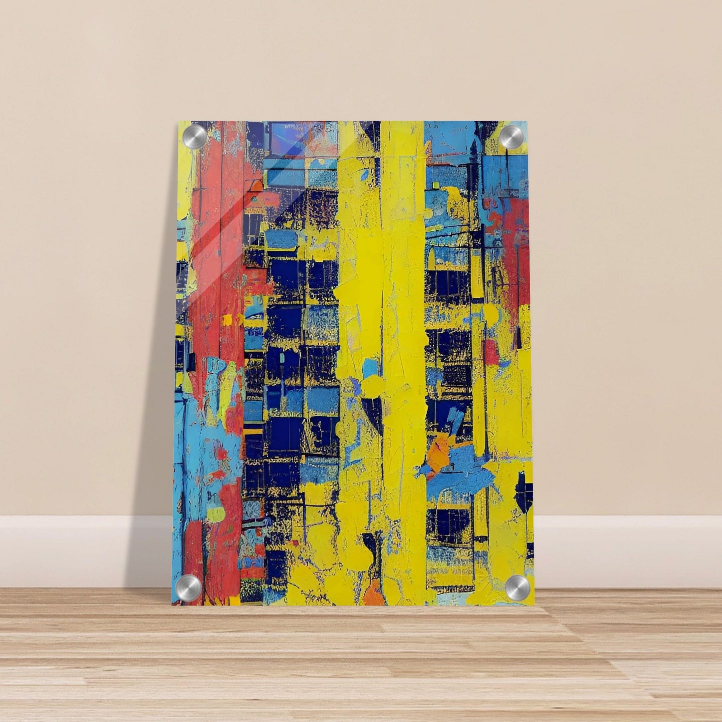 Vibrant abstract painting featuring bold strokes of red, yellow, and blue with a textured, geometric pattern.