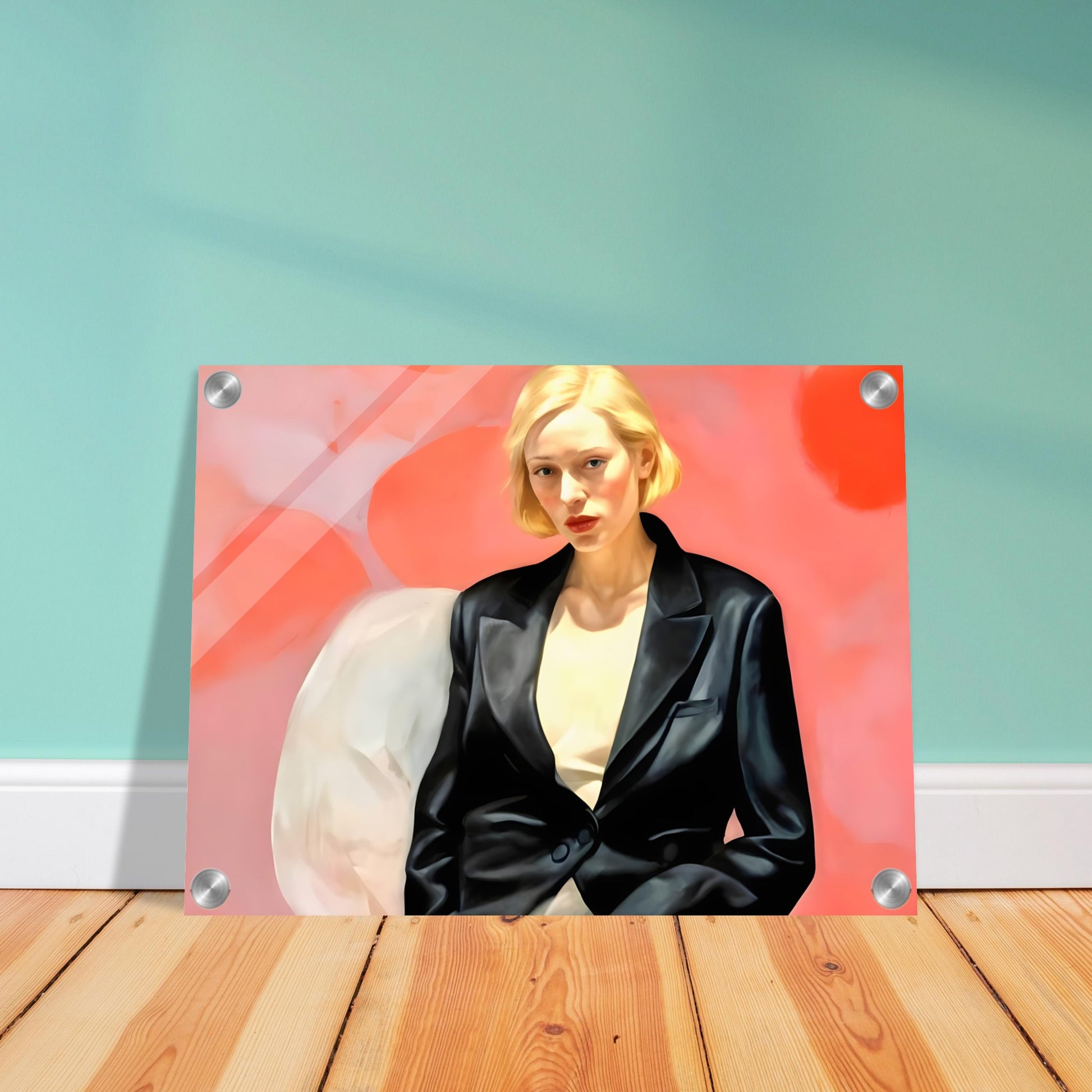 A striking portrait of a blonde woman in a black leather blazer, seated against a vibrant pink and red abstract background, exuding confidence and poise.