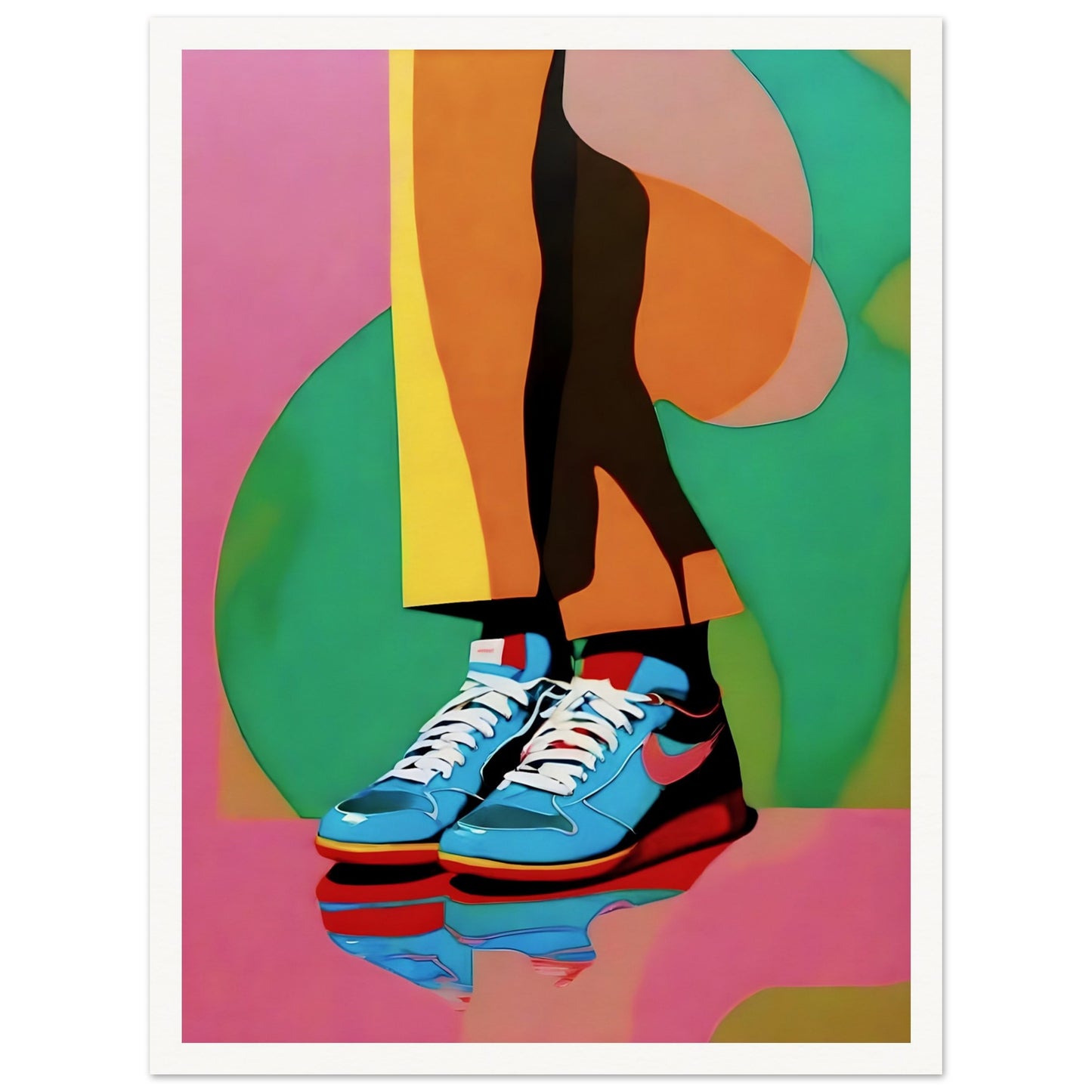 A modern artwork showcasing vibrant legs in bold-colored pants and blue sneakers, set against a bright pink and green abstract background.