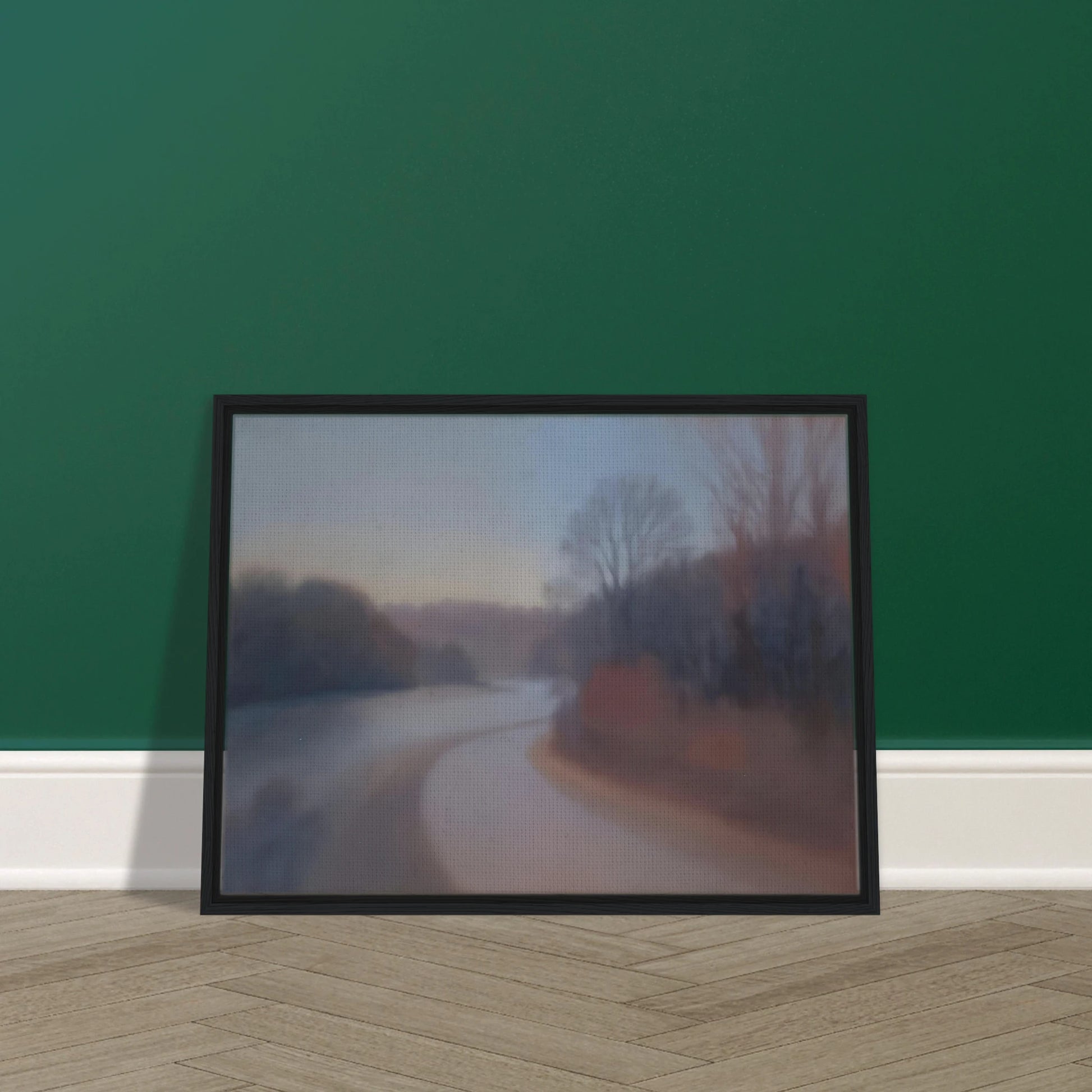 A soft river curves through misty woodlands at dusk, with blurred trees fading into gentle blue and mauve tones.