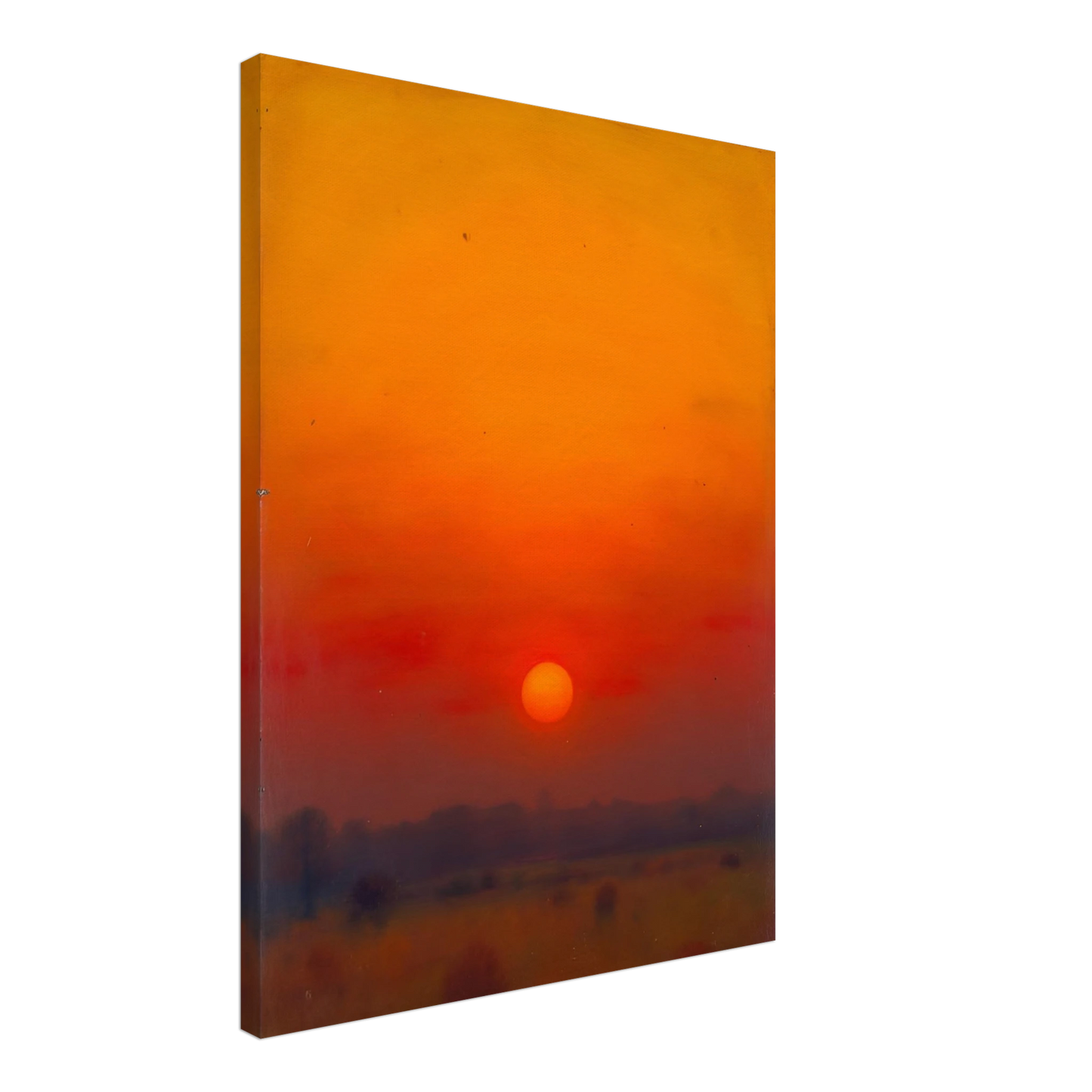 A golden-orange sunset over a hazy horizon, with the sun glowing in a vivid red and amber sky.