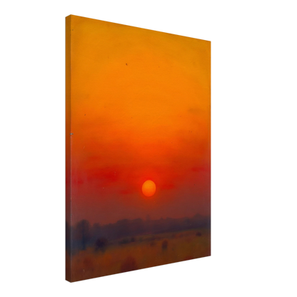 A golden-orange sunset over a hazy horizon, with the sun glowing in a vivid red and amber sky.