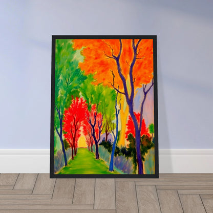 A vivid forest pathway glowing with fiery orange, green, and red trees, symbolizing nature’s changing seasons and renewal.