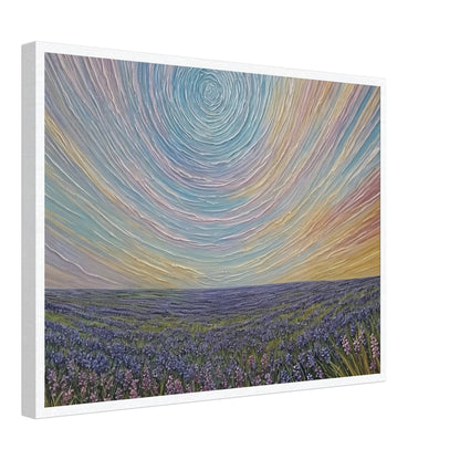 Surreal painting of a vast lavender field under a swirling pastel sky, creating a dreamlike atmosphere.