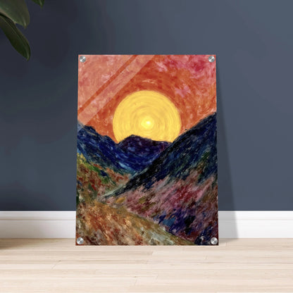 A vivid sunset over deep blue mountains with a glowing golden sun radiating warmth across the textured, colorful valley.