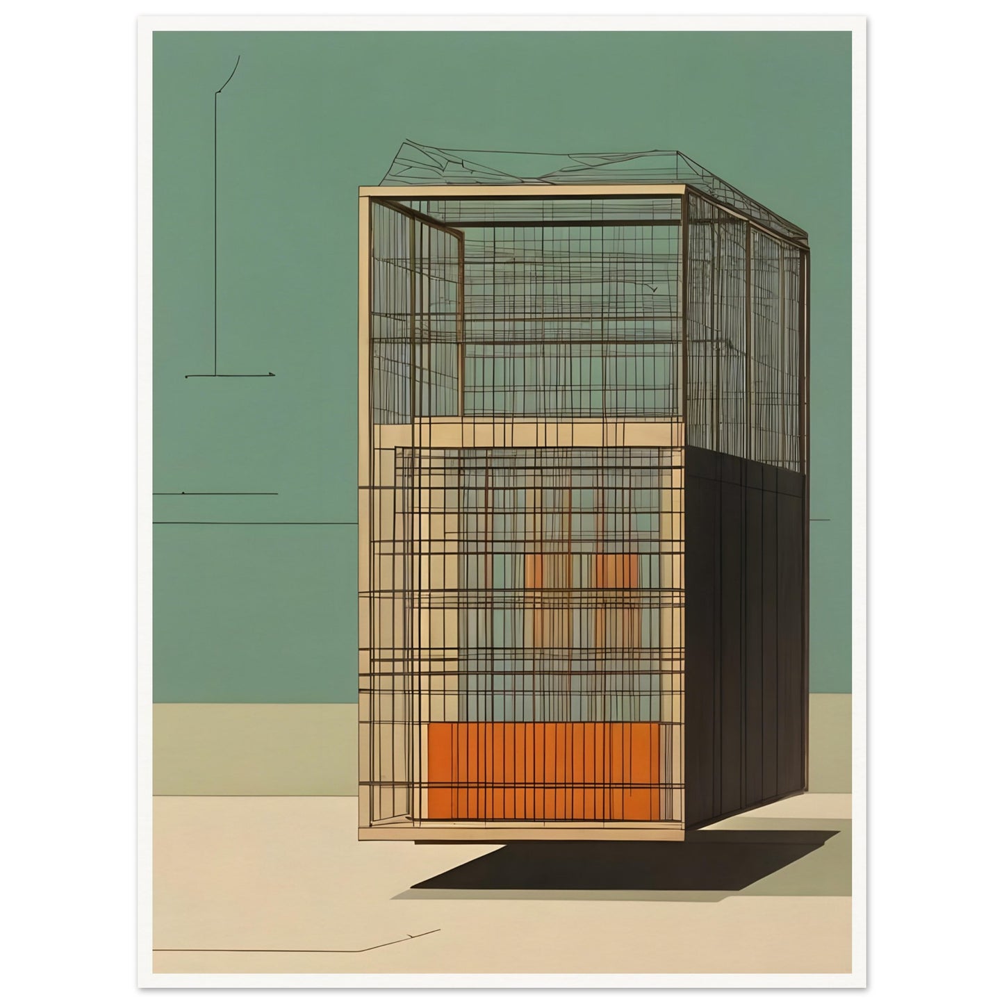 A minimalist artwork showcasing a geometric architectural structure with clean lines, open framework, and neutral tones against a green backdrop