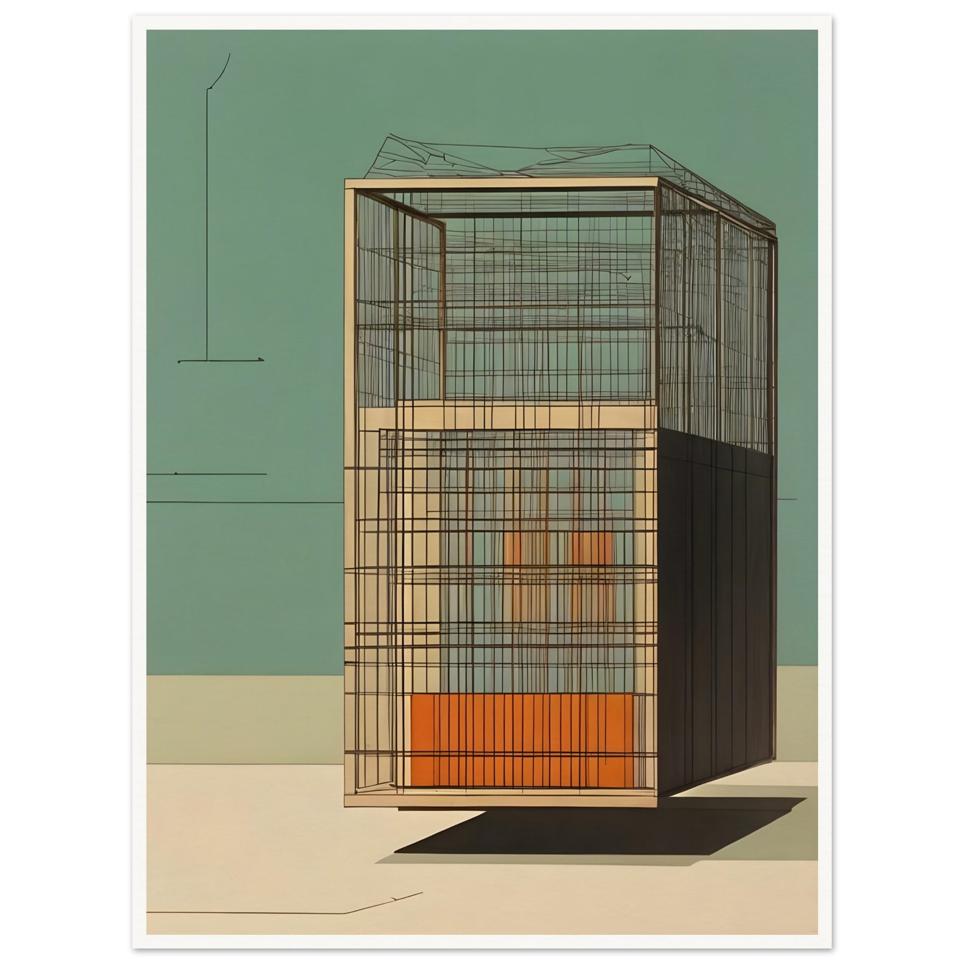 A minimalist artwork showcasing a geometric architectural structure with clean lines, open framework, and neutral tones against a green backdrop