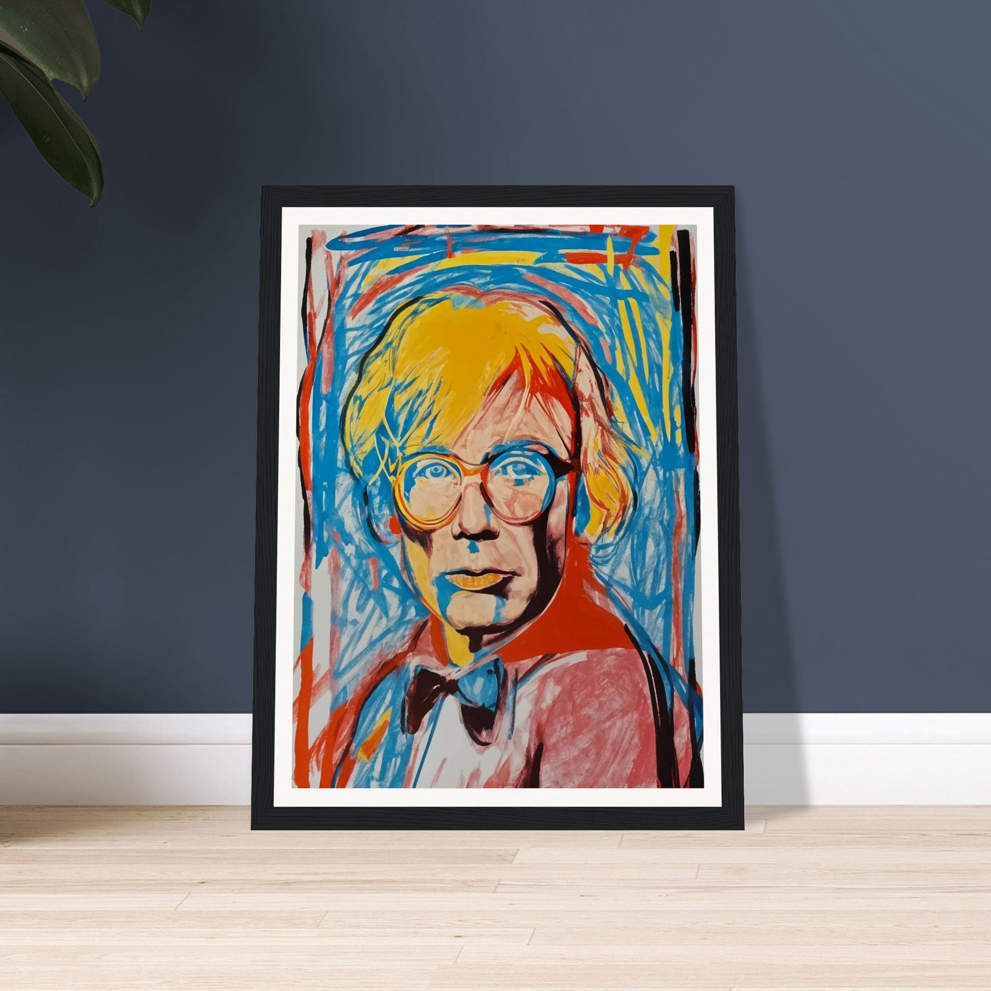 A vivid and energetic pop art portrait featuring a person with bright yellow hair and glasses. The background is filled with dynamic blue and red brushstrokes, adding to the lively and modern feel of the artwork.