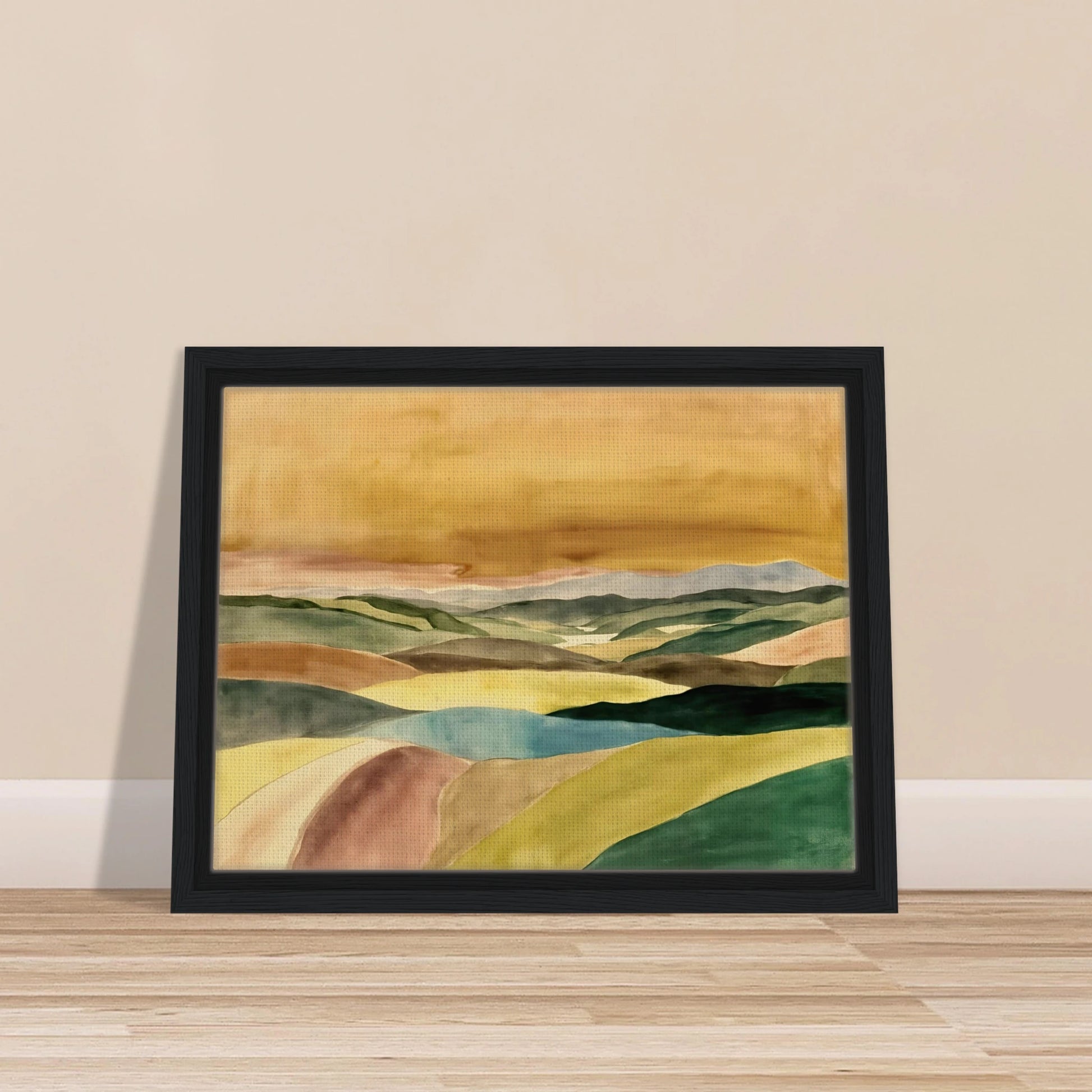 A serene landscape painting featuring layered rolling hills in shades of green, blue, cream, and brown beneath a vast golden sky. Soft contours and muted colors create a peaceful, atmospheric countryside scene stretching into the distance.