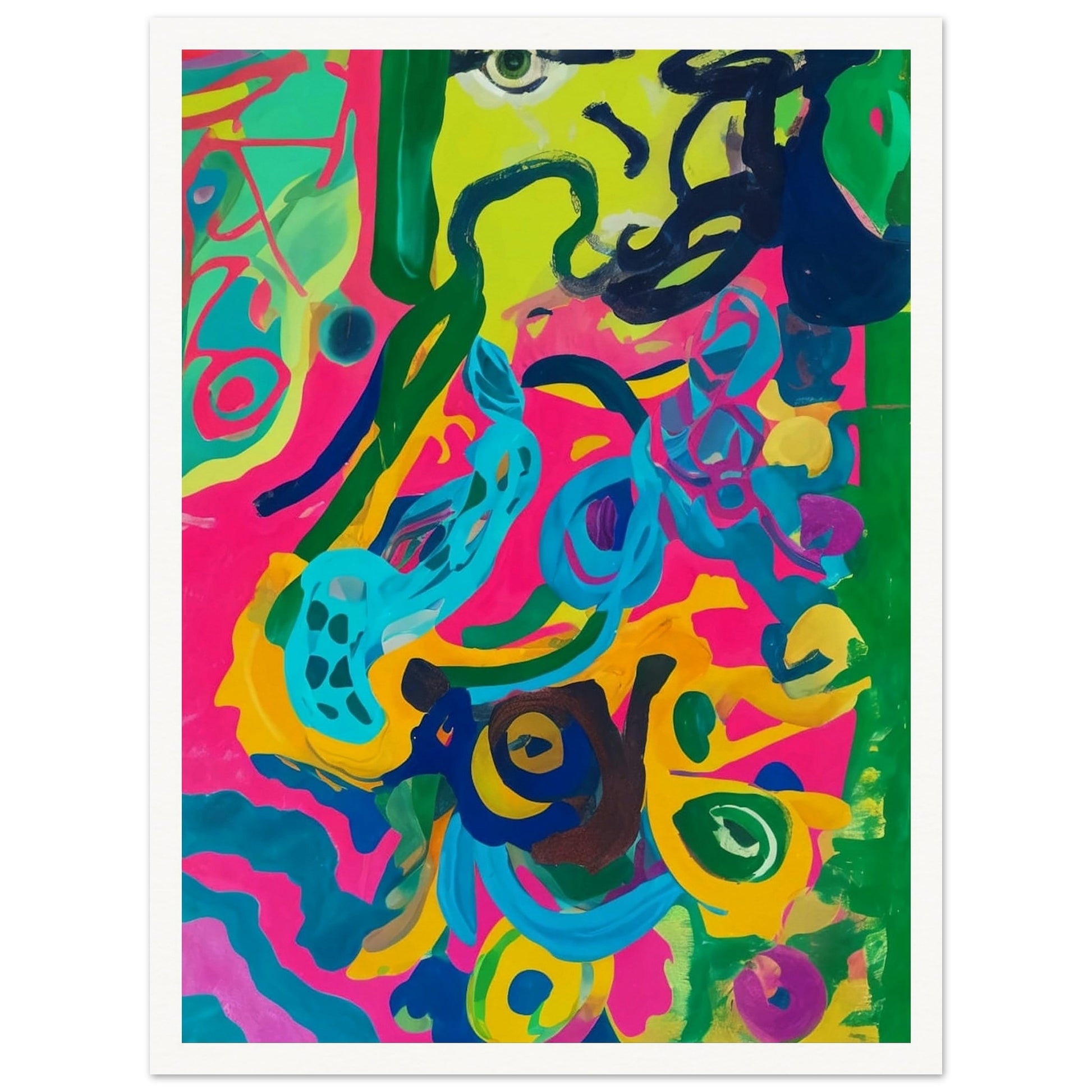 A vibrant abstract painting bursting with bright pink, green, blue, and yellow swirls, creating a lively and energetic composition.