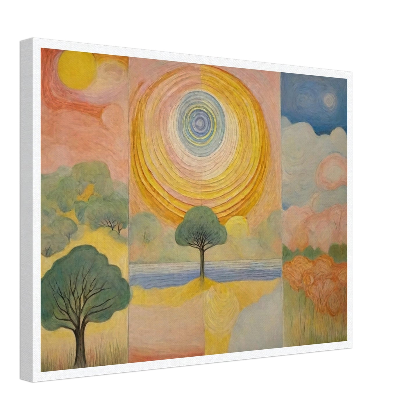 A vibrant painting featuring a large sun at the center, surrounded by abstract trees and colorful landscapes on either side.