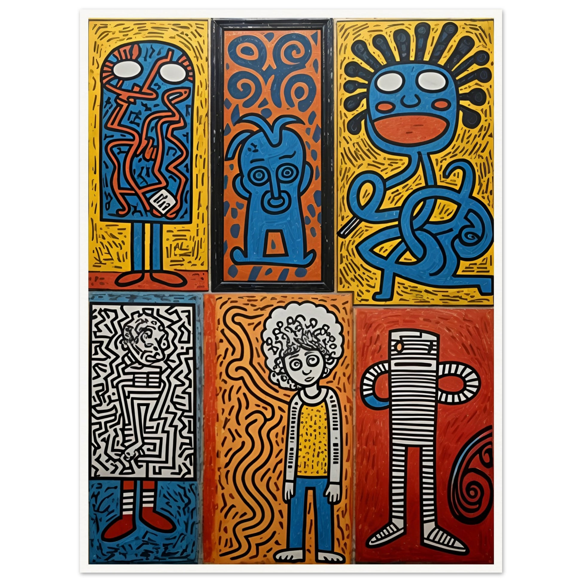 A bold and colorful artwork featuring six unique abstract faces in a pop-art style, with vibrant blues, reds, yellows, and intricate patterns.