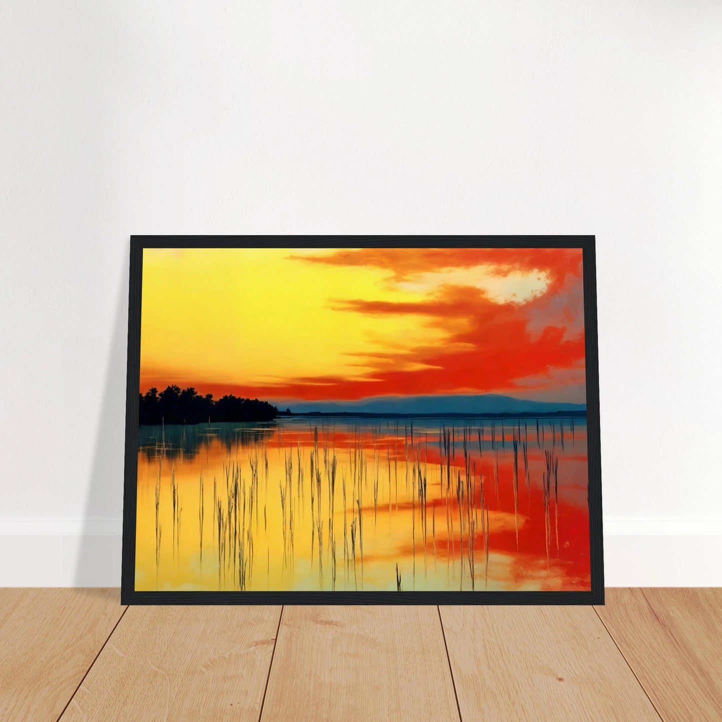 A vivid sunset over calm waters, where orange and yellow hues mirror the sky’s fiery glow and reeds stand in quiet balance.