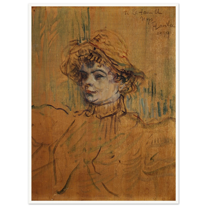 A woman in a broad hat and high-collared dress appears in a loose portrait against an ochre background.