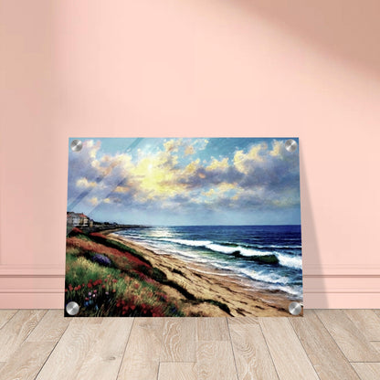 A serene painting of a beach at sunset, with gentle waves rolling onto the sand, vibrant grasses, and houses along the distant coastline.