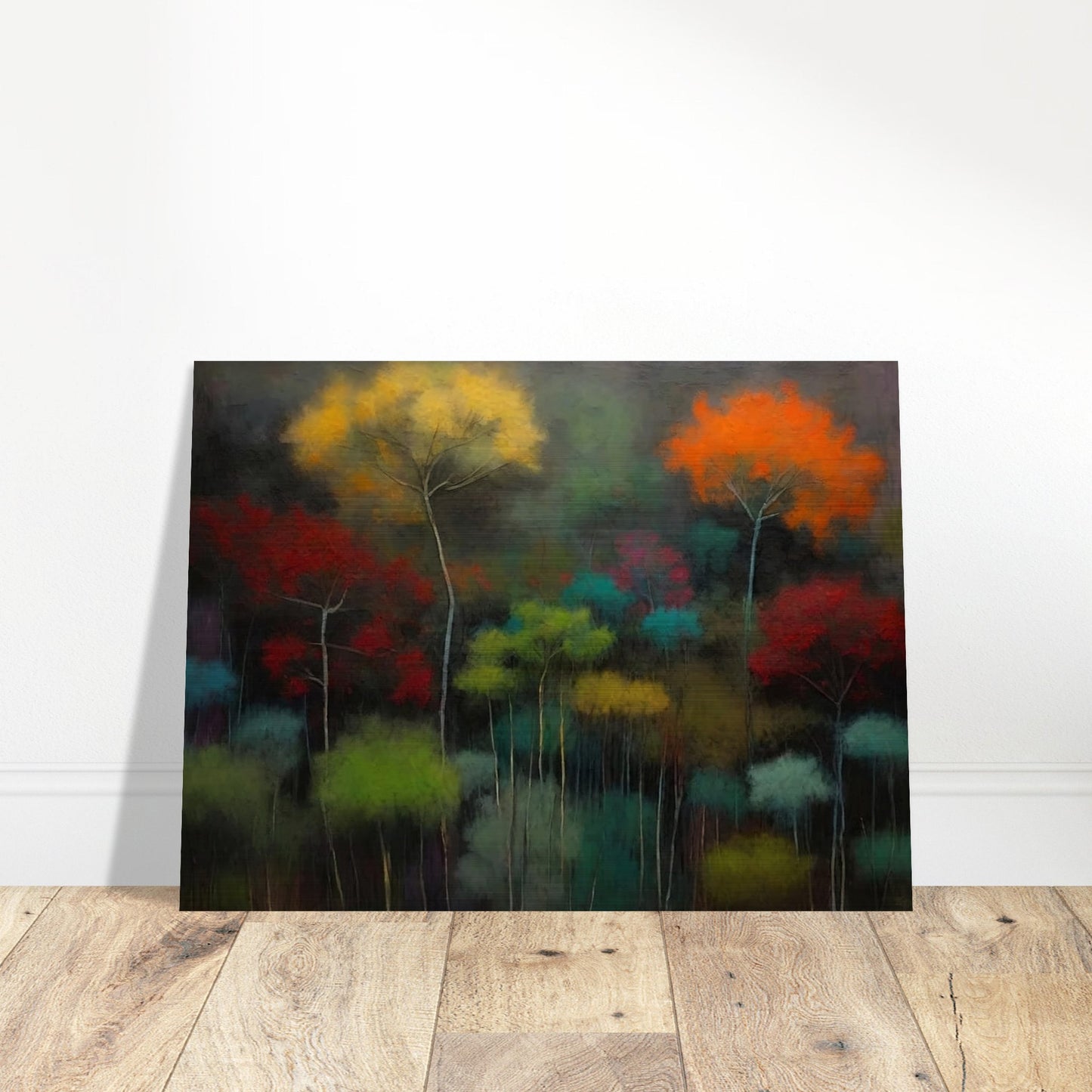 A mystical painting depicting a forest with trees in vibrant colors. The foliage is painted in shades of yellow, orange, red, green, and teal, against a dark and moody background, creating a surreal and dreamlike atmosphere.