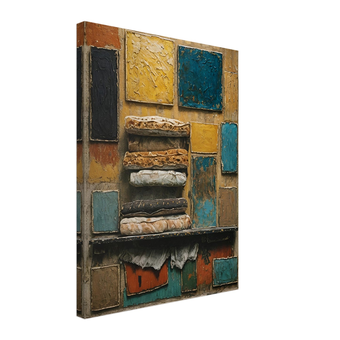 A rustic mixed-media artwork with layered textiles and textured blocks of yellow, blue, and earthy tones, evoking history and craftsmanship.