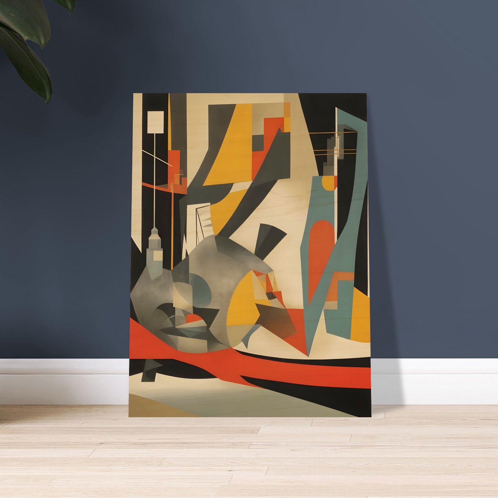 A striking composition of angular urban forms with muted teal, mustard, orange, and black, capturing the energy of city life.