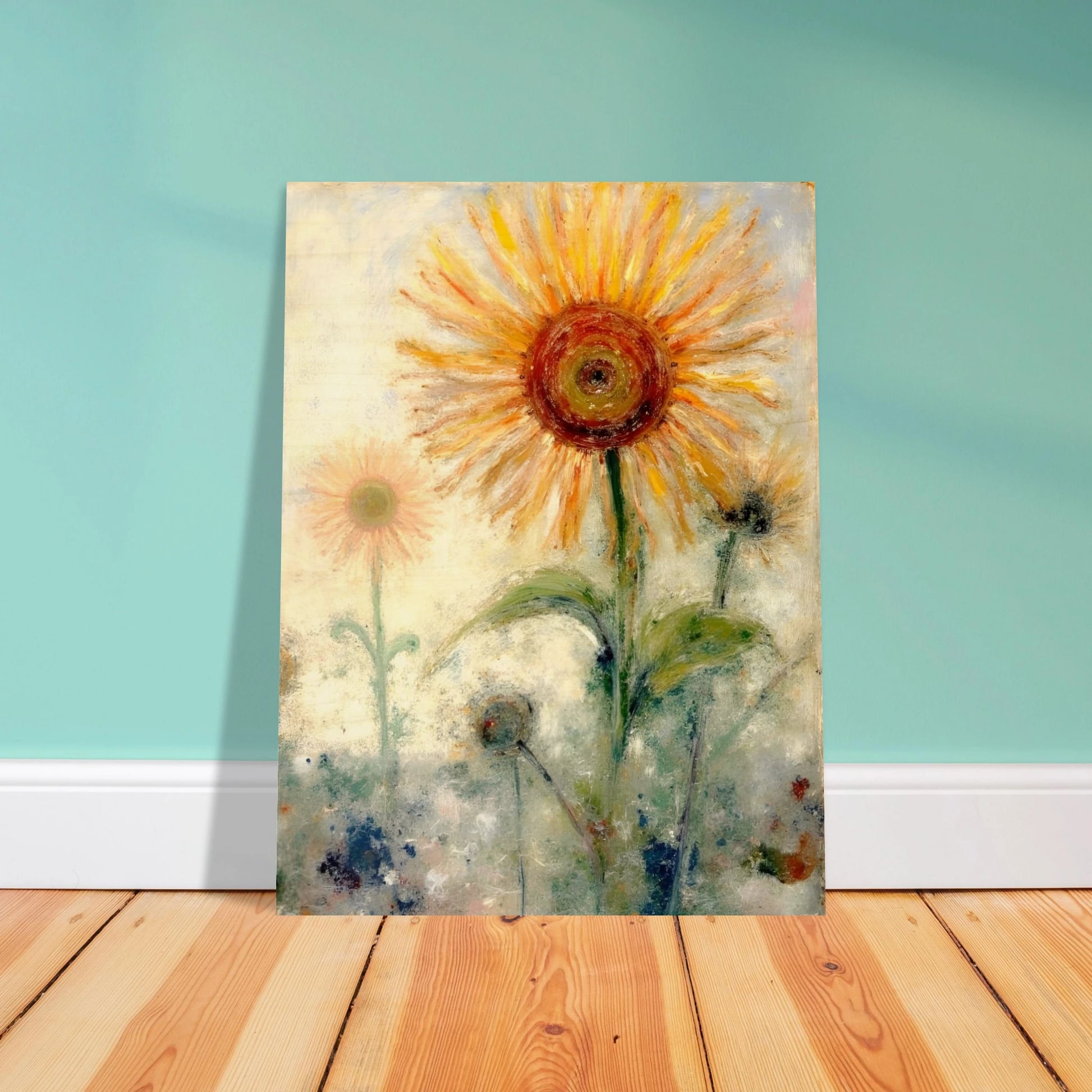 A luminous sunflower radiates warmth and hope, its golden petals glowing softly against a misty pastel background.
