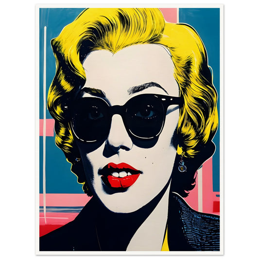 Vibrant pop art-style portrait of a woman with blonde hair, bold red lips, and dark sunglasses against a colorful geometric background.