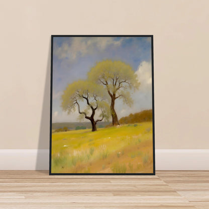 Two softly curved trees rise from a sunlit yellow-green field under a partly cloudy blue sky, evoking peace and resilience.