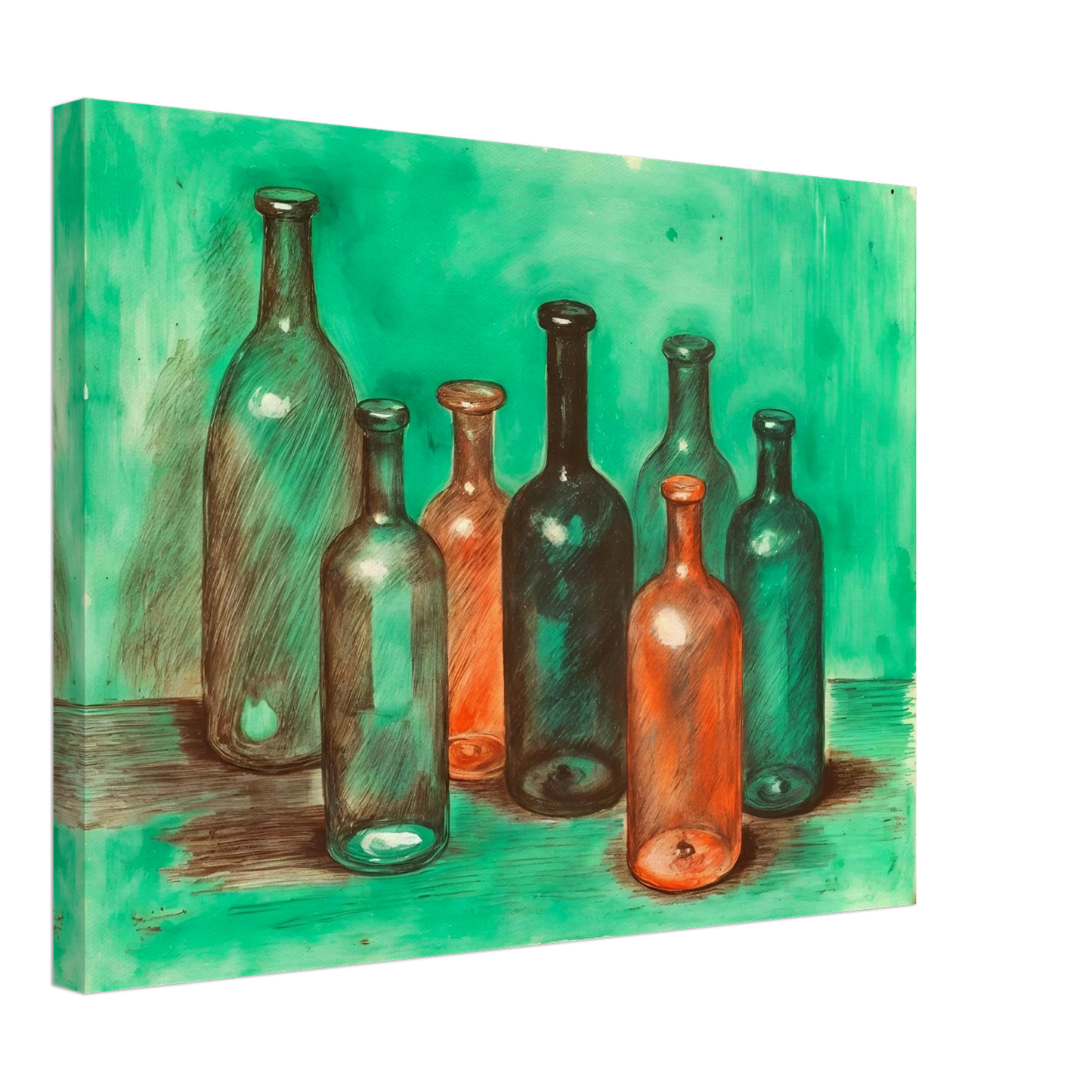 A collection of teal, amber, and smoky glass bottles stands together against a luminous green backdrop, blending stillness with vintage charm.