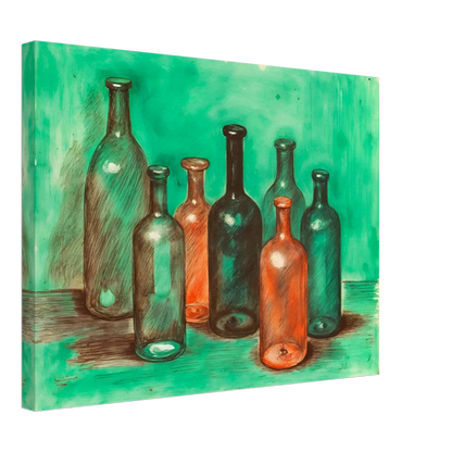 A collection of teal, amber, and smoky glass bottles stands together against a luminous green backdrop, blending stillness with vintage charm.