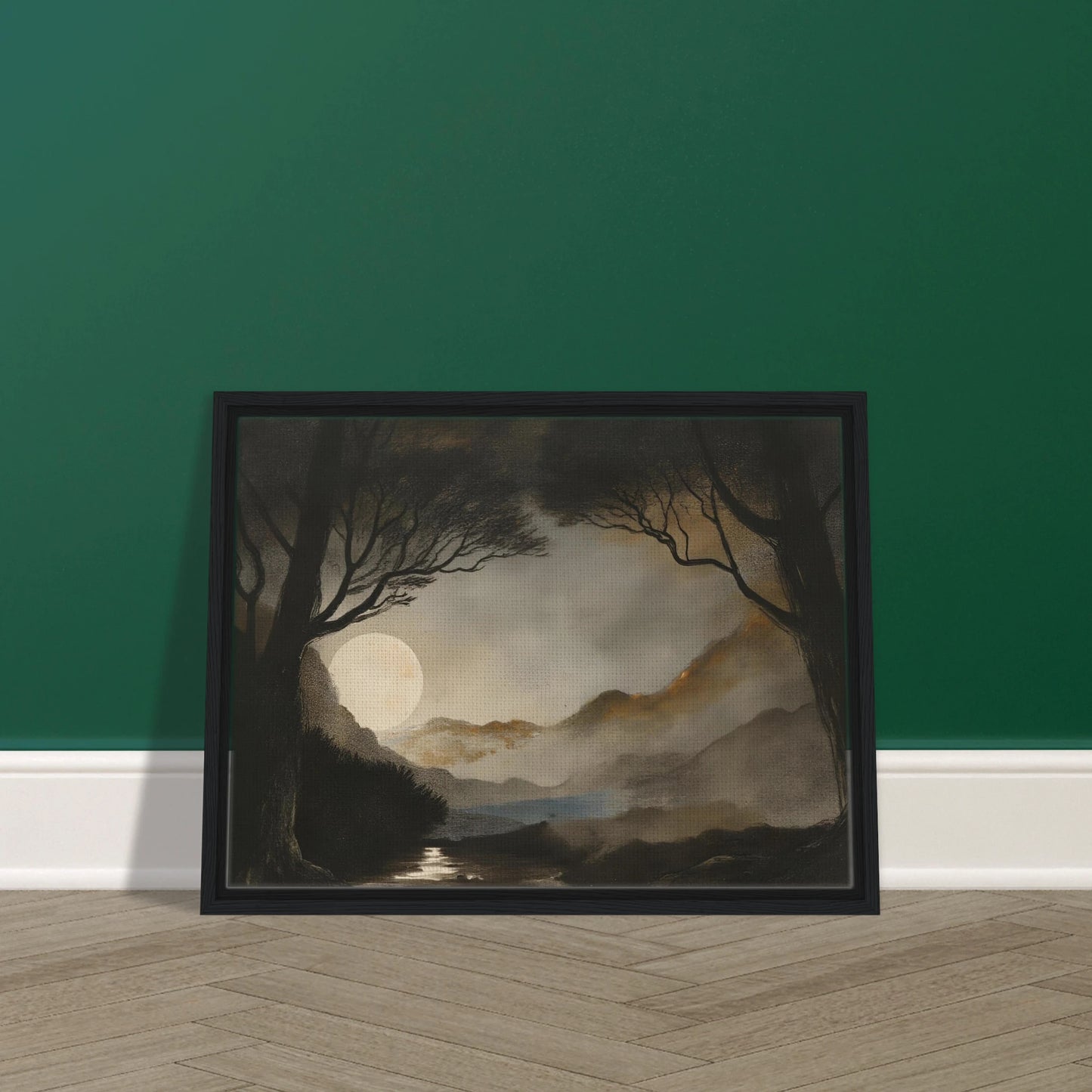 A dreamy night scene of a full moon casting light over misty mountains, dark trees, and a reflective stream.