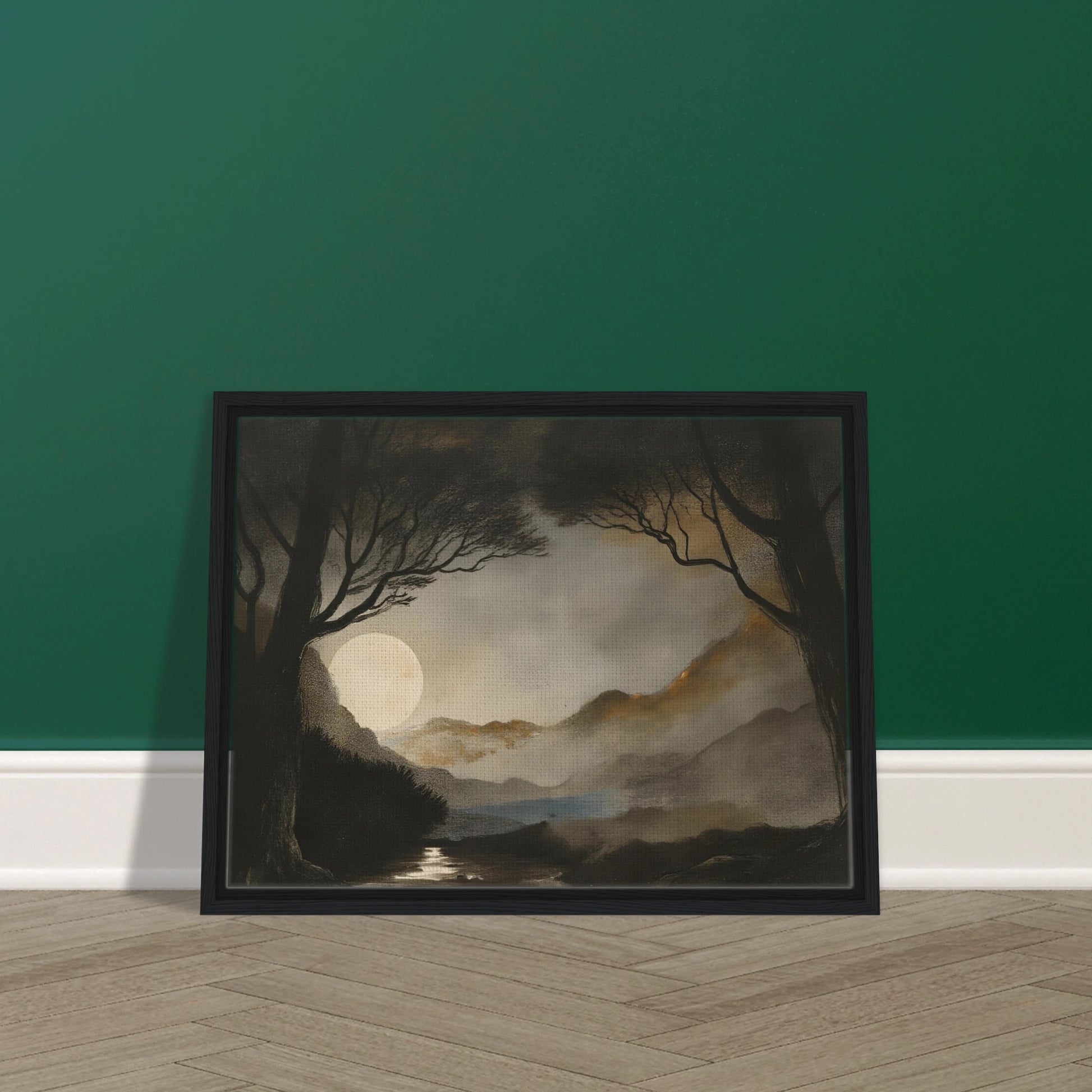 A dreamy night scene of a full moon casting light over misty mountains, dark trees, and a reflective stream.