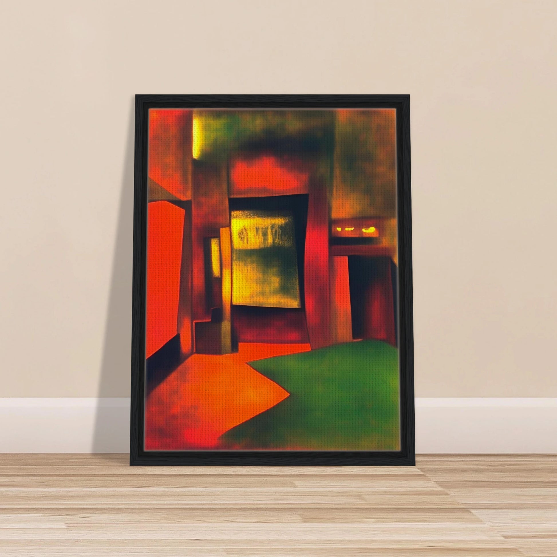 An interior-like scene bathed in glowing red, gold, and green light, forming bold shapes that evoke mystery and warmth.